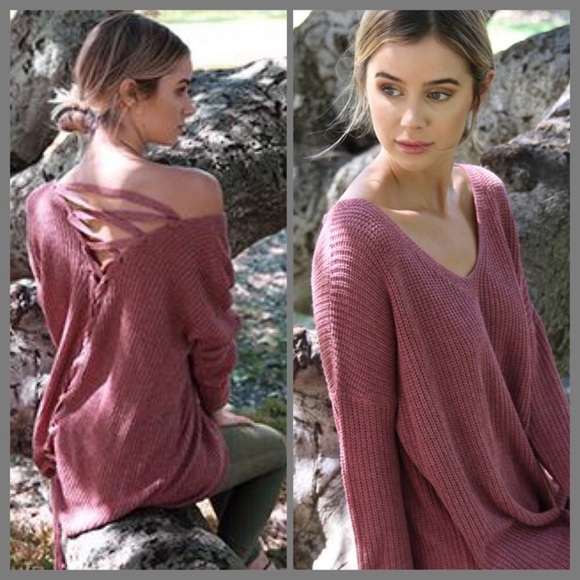 SALE! Mauve Lace Up Back Sweater - Picture 4 of 8
